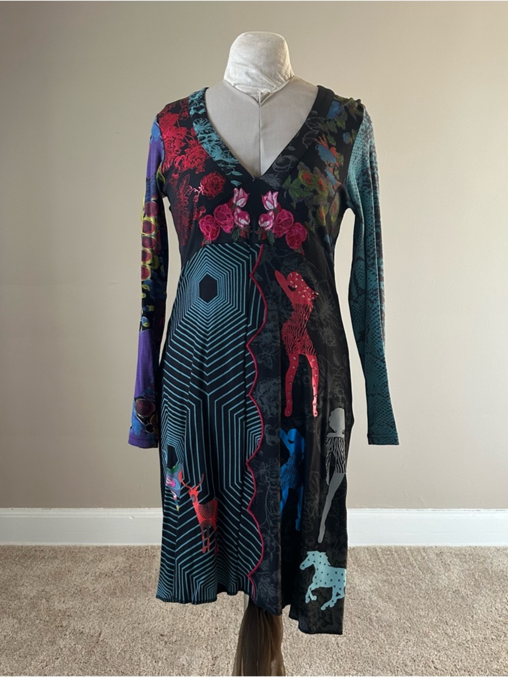 Desigual Multicolor Long Sleeve V-Neck Dress with Graphic Animal Motifs